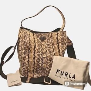 Rare FURLA Danae 2-way Snakeskin Leather Bucket Bag Shoulder Cross…